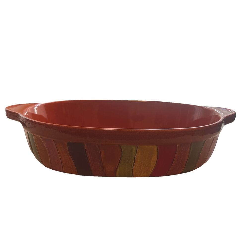 Pier 1 Wavy Strip Casserole Baking Dish 15"x9.5" Heavy Stoneware Hand Painted
